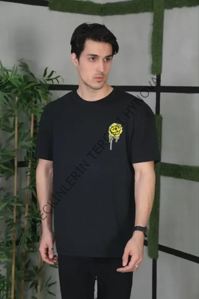 Unisex Bisiklet Yaka Baskılı Oversize T-Shirt - Siyah