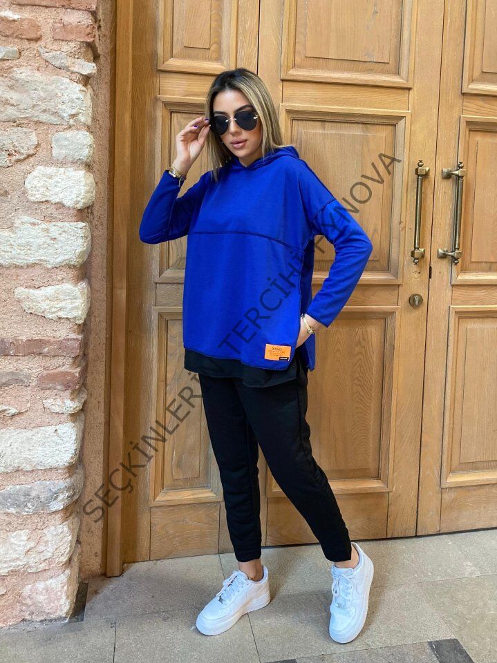 Kadın Kapşonlu Etek Ucu Detay Armalı Ters Dikiş Gorunumlu Ikili Takım