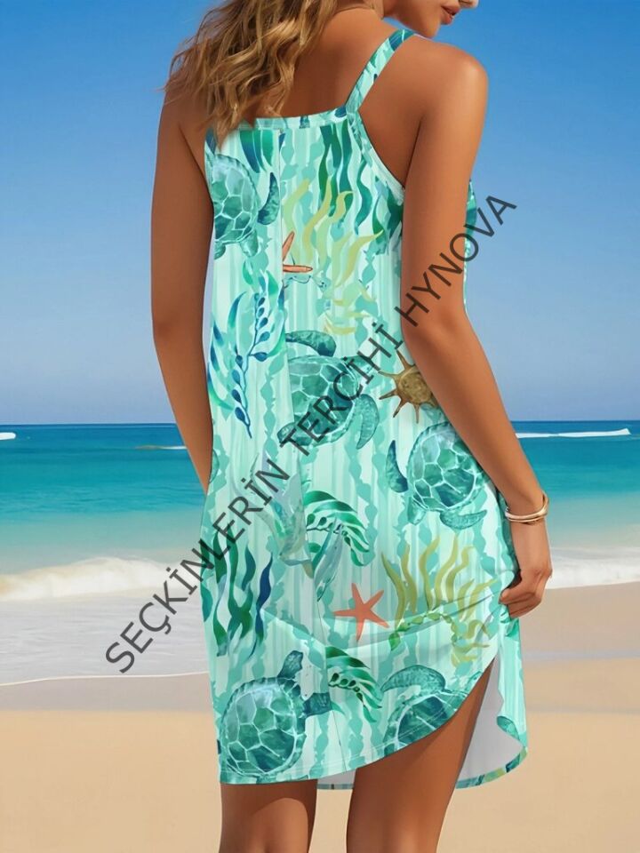 Kadın Askılı Yuvarlak Yaka Kaplumbağa Desenli Süprem Elbise