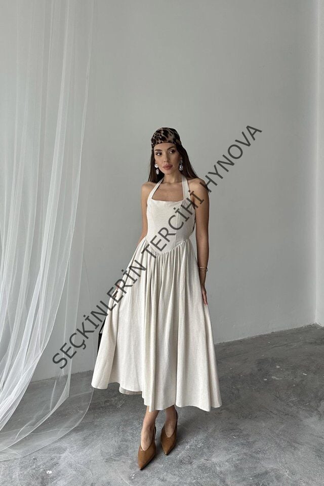 Bej Boyundan Bağlamalı Keten Elbise