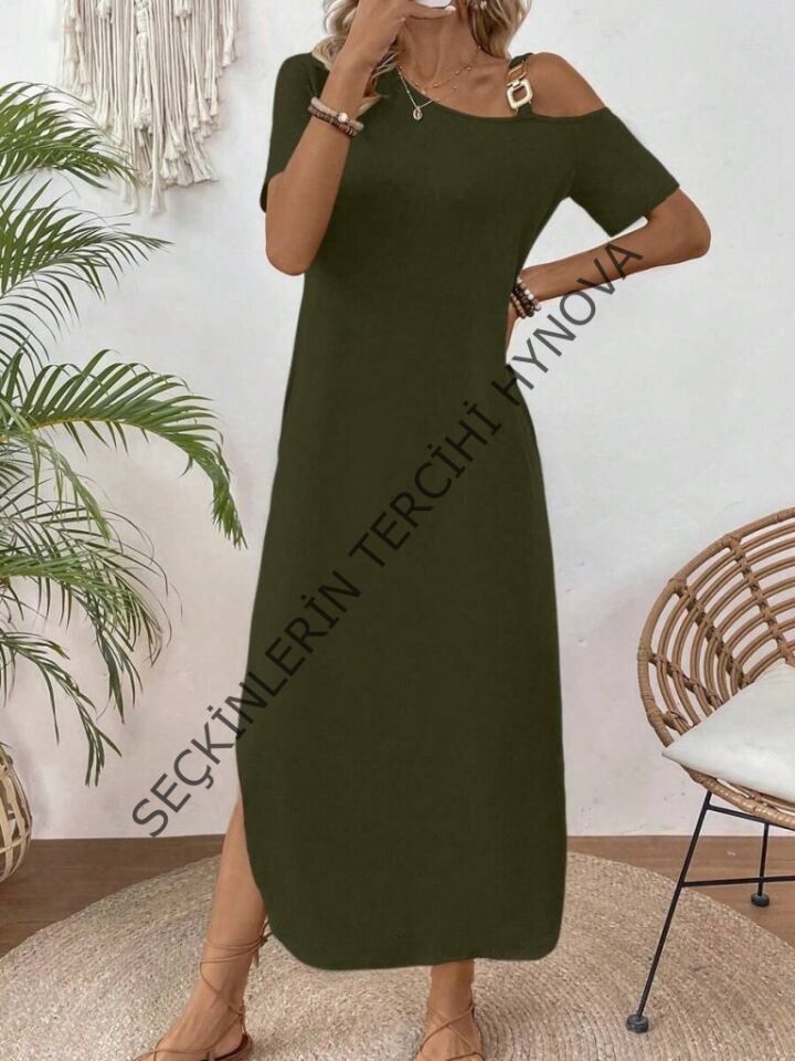 Kadın Tek Omuzdan Açık Toka Detaylı Yandan Yırtmaçlı Maksi Boy Viskon Elbise