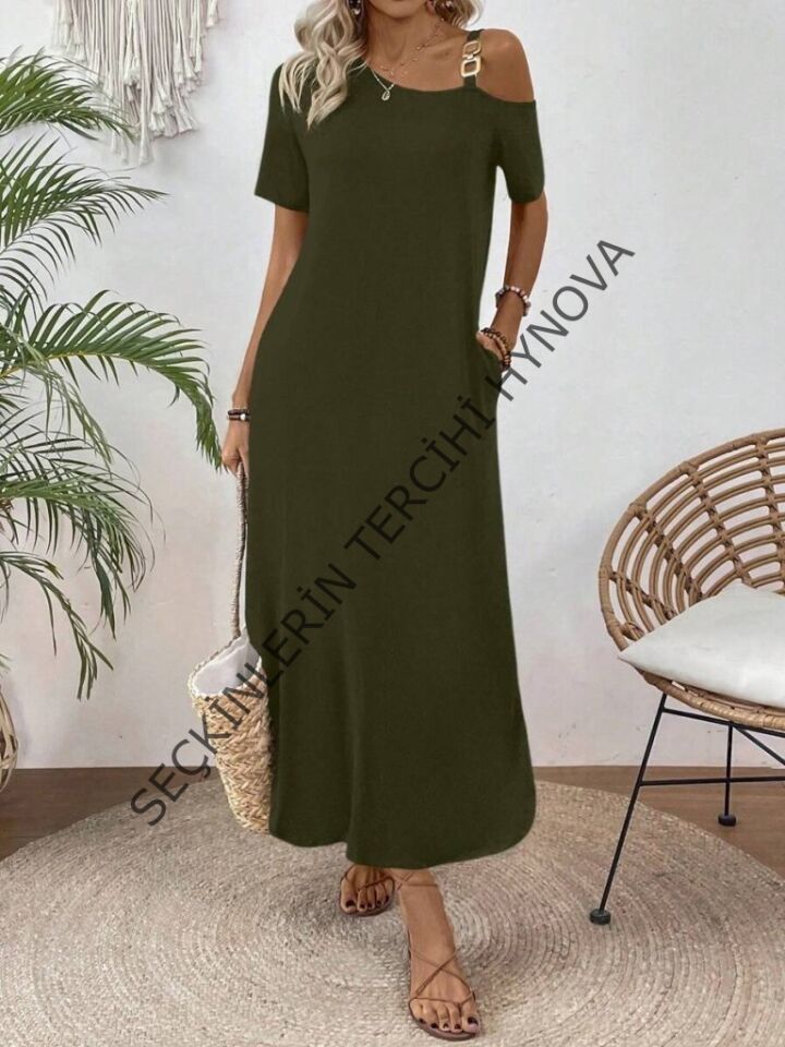 Kadın Tek Omuzdan Açık Toka Detaylı Yandan Yırtmaçlı Maksi Boy Viskon Elbise