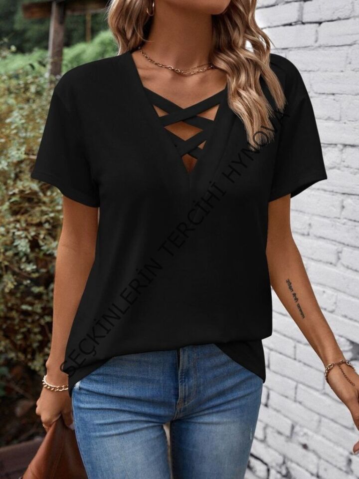 Kadın Kısa Kollu önden çapraz Detay V Yakalı Viskon Bluz