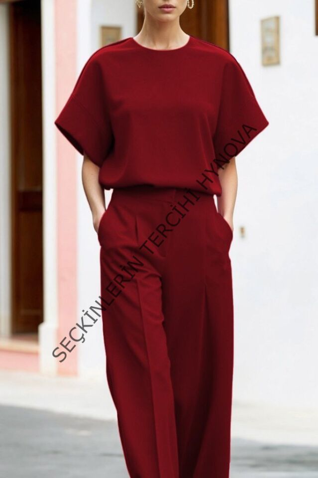 Kadın Kısa Kollu Bisiklet Yaka Bluz Yüksek Bel Cep Detaylı Pantolon Atlas Ikili Takım