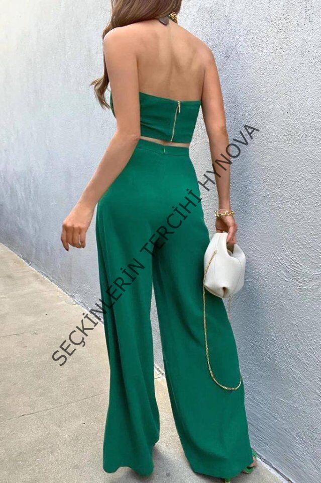 Kadın Pera Keten Kumaş Halka Detaylı Sırt Metal Fermuarlı Bel Gizli Fermuarlı Büstiyer Pantolon Takım