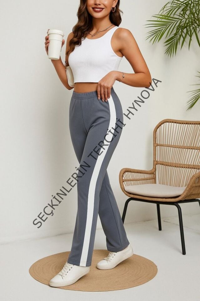 Kadın Yüksek Bel Yan şerit Detaylı Yırtmaçlı Viskon Iki Iplik Pantolon