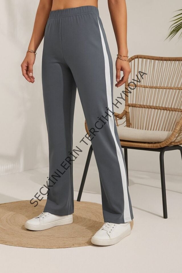 Kadın Yüksek Bel Yan şerit Detaylı Yırtmaçlı Viskon Iki Iplik Pantolon