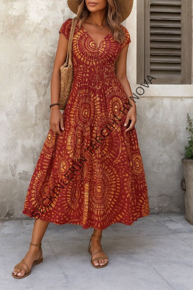 Kadın Kısa Yarasa Kanat Kollu V Yakalı Beli Büzgülü Süprem Elbise