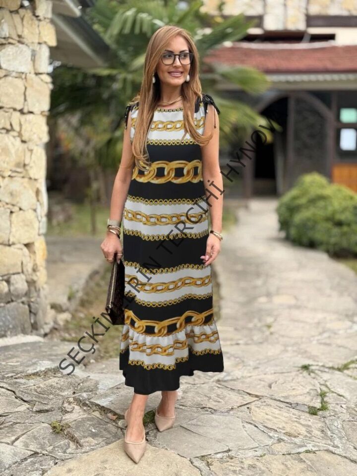 Kadın Omuzlardan Büzgülü Kayık Yaka Fırfırlı Janjan Krep Elbise