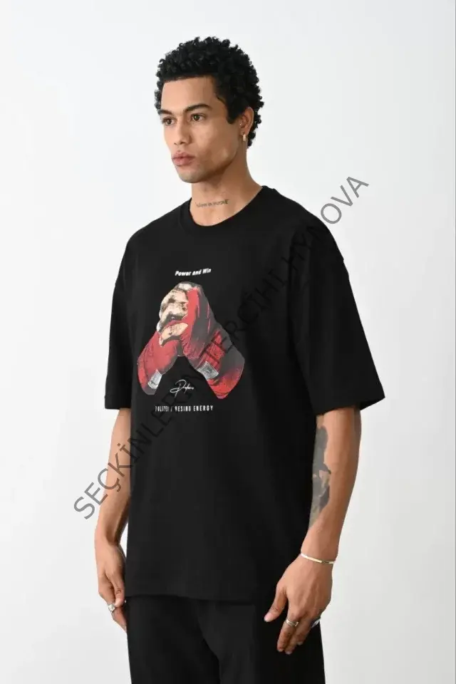 Unisex Baskılı Oversize T-Shirt - Siyah