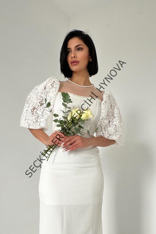 Beyaz İncili Tül Detay Elbise