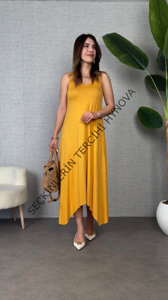 Kadın çan Dokuma Kumaş V Yaka Asimetrik Kesim Elbise