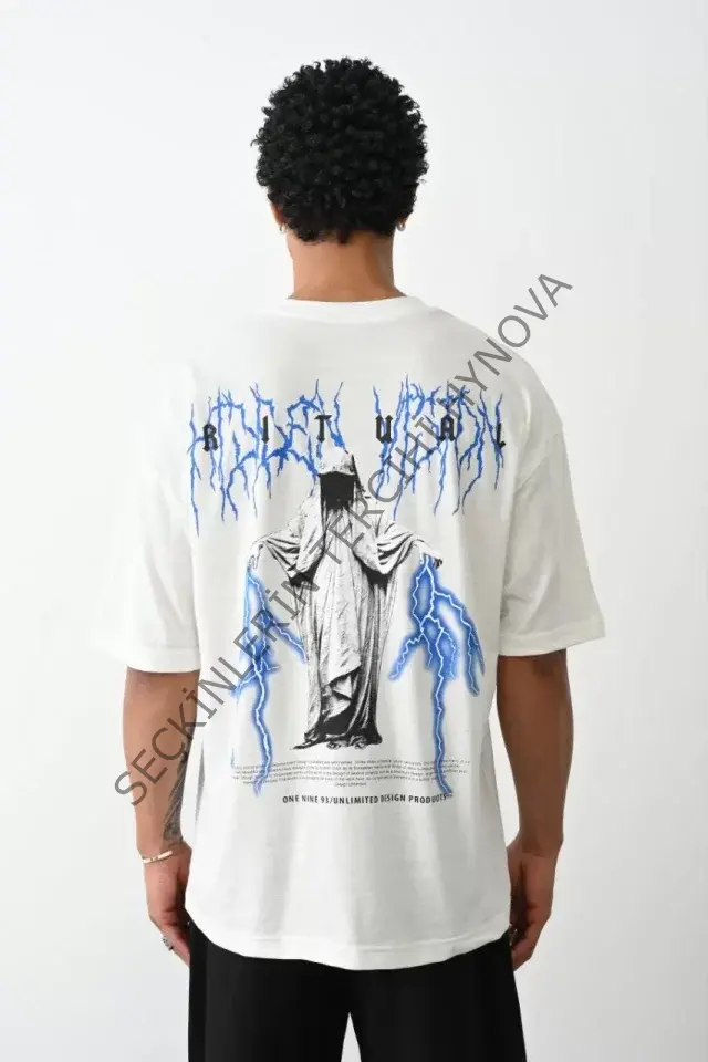 Unisex Baskılı Oversize T-Shirt - Beyaz