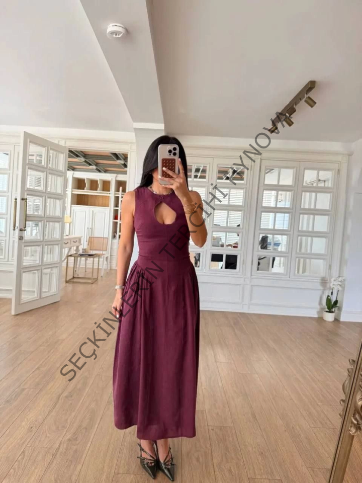 Kolsuz Uzun Kabardin Elbise - Bordo