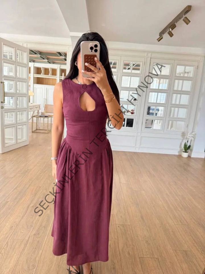 Kolsuz Uzun Kabardin Elbise - Bordo