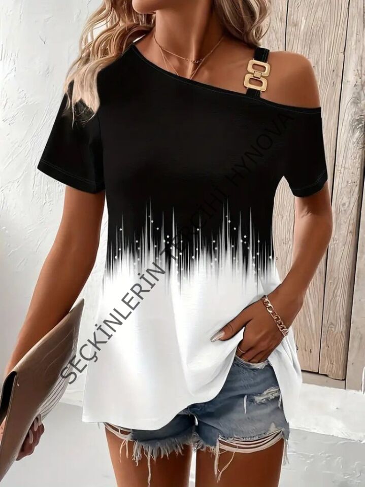 Kadın Tek Omuzdan Açık Askı Detaylı Desenli Süprem Bluz