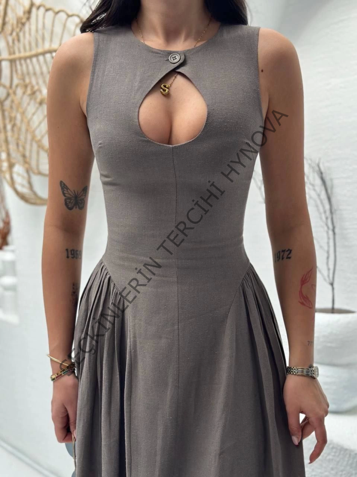 Kolsuz Uzun Kabardin Elbise - Gri