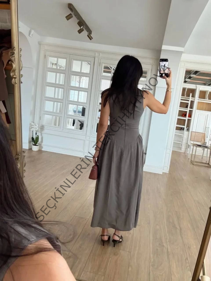 Kolsuz Uzun Kabardin Elbise - Gri
