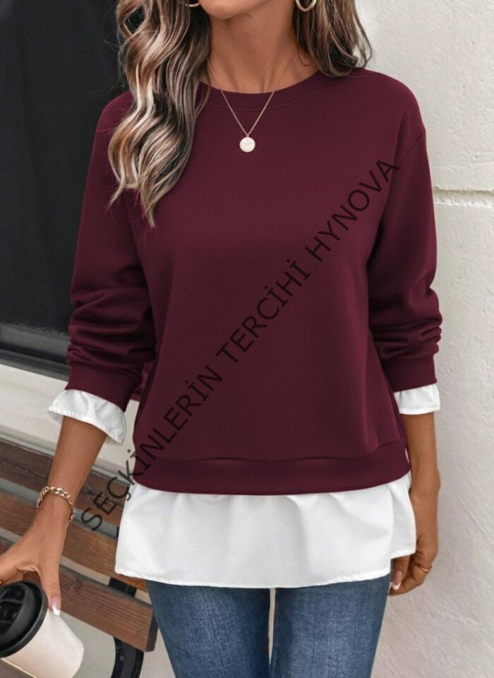 Kadın Uzun Kollu Bisiklet Yaka Viskon Iki Iplik Ve Etek Ucu Trikoton Bluz