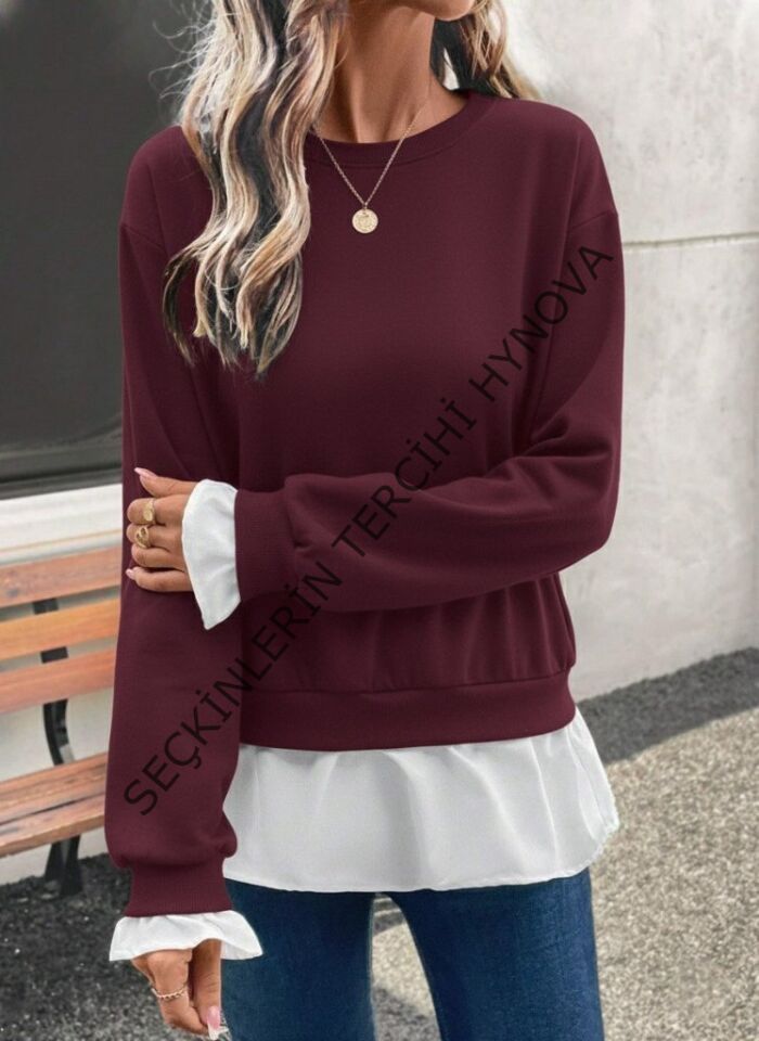 Kadın Uzun Kollu Bisiklet Yaka Viskon Iki Iplik Ve Etek Ucu Trikoton Bluz
