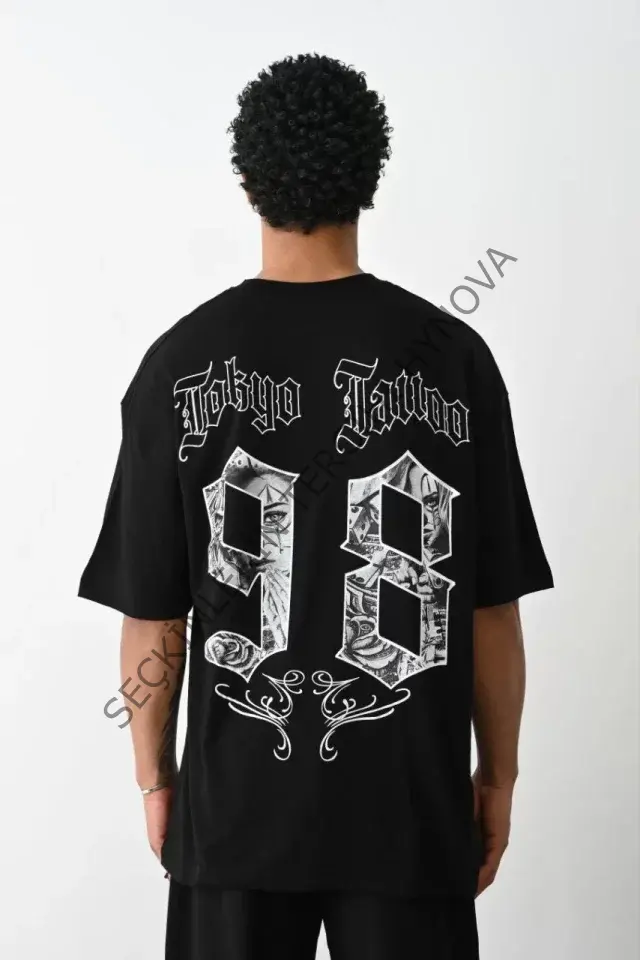 Unisex Baskılı Oversize T-Shirt - Siyah