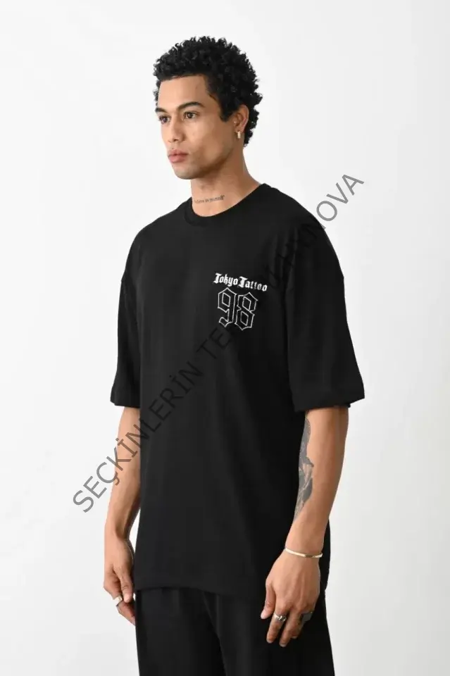 Unisex Baskılı Oversize T-Shirt - Siyah