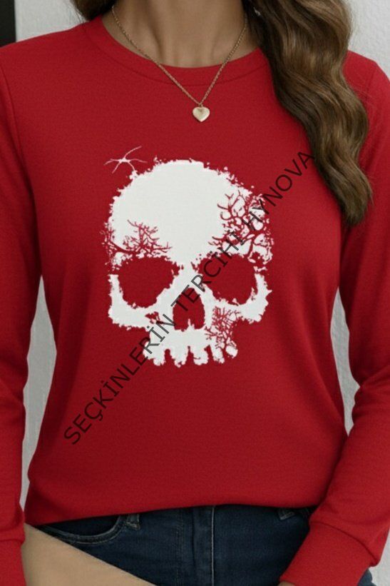 Kadın Uzun Kollu Bisiklet Yaka Kurukafa Desenli Viskon Bluz