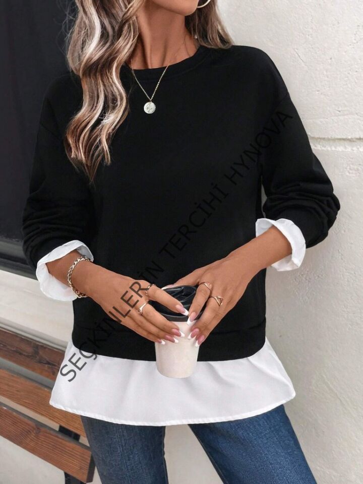 Kadın Uzun Kollu Bisiklet Yaka Viskon Iki Iplik Ve Etek Ucu Trikoton Bluz