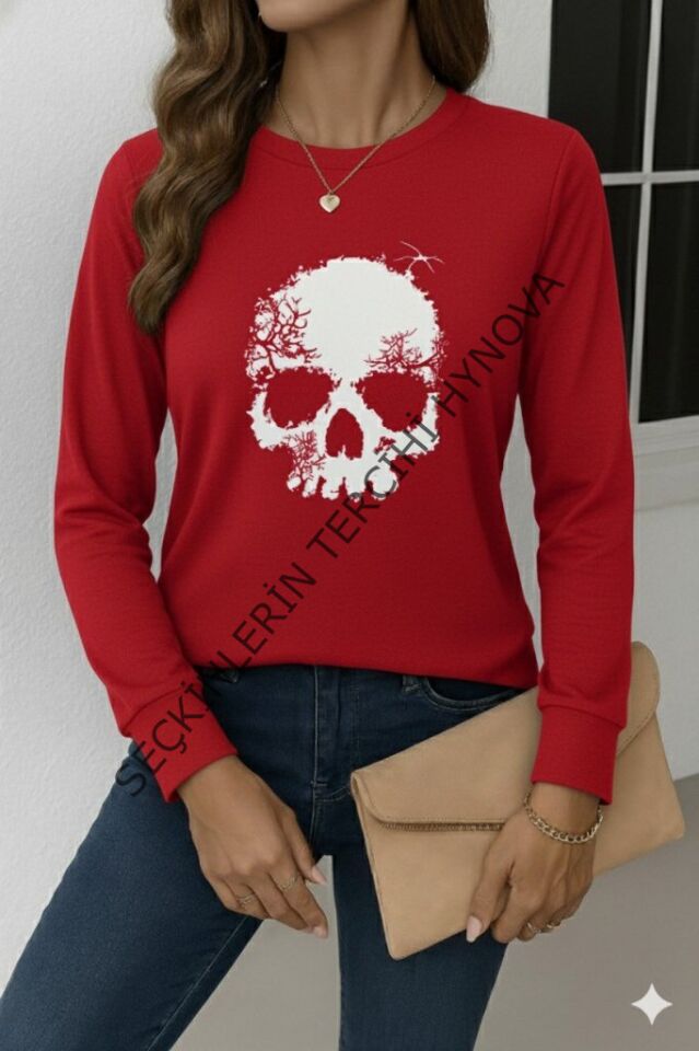 Kadın Uzun Kollu Bisiklet Yaka Kurukafa Desenli Viskon Bluz