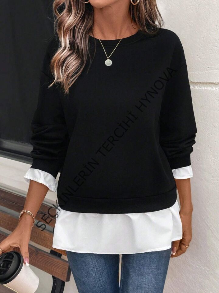 Kadın Uzun Kollu Bisiklet Yaka Viskon Iki Iplik Ve Etek Ucu Trikoton Bluz