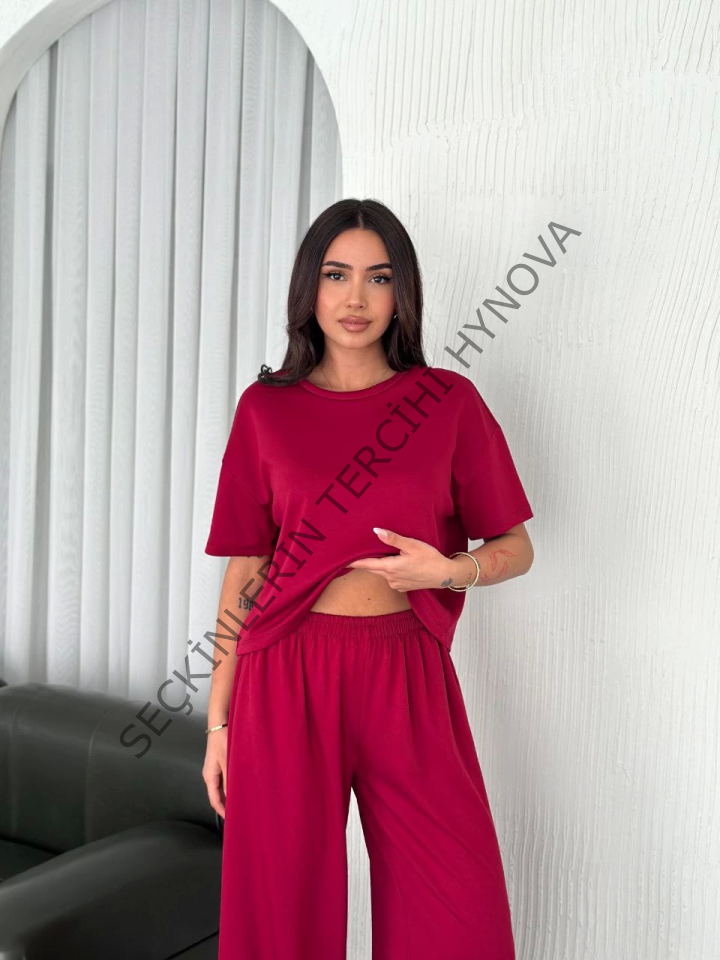 Osy Modal Yumuşak Dokulu Kumaş Bisiklet Yaka T-shirt Bol Paça Pantalon Ikili Takım -Bordo