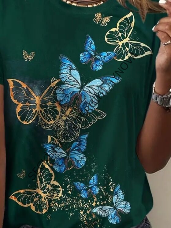 Kadın Kısa Kollu Mavi Sarı Kelebek Baskı Süprem Bluz