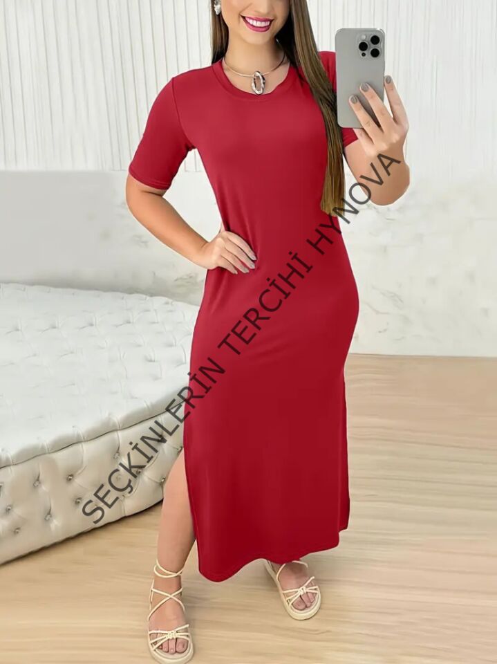 Kadın Kısa Kollu Bisiklet Yaka Yandan Yırtmaçlı Viskon Elbise