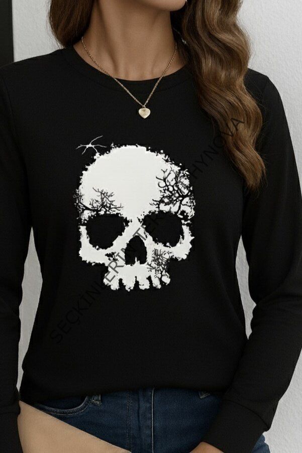 Kadın Uzun Kollu Bisiklet Yaka Kurukafa Desenli Viskon Bluz