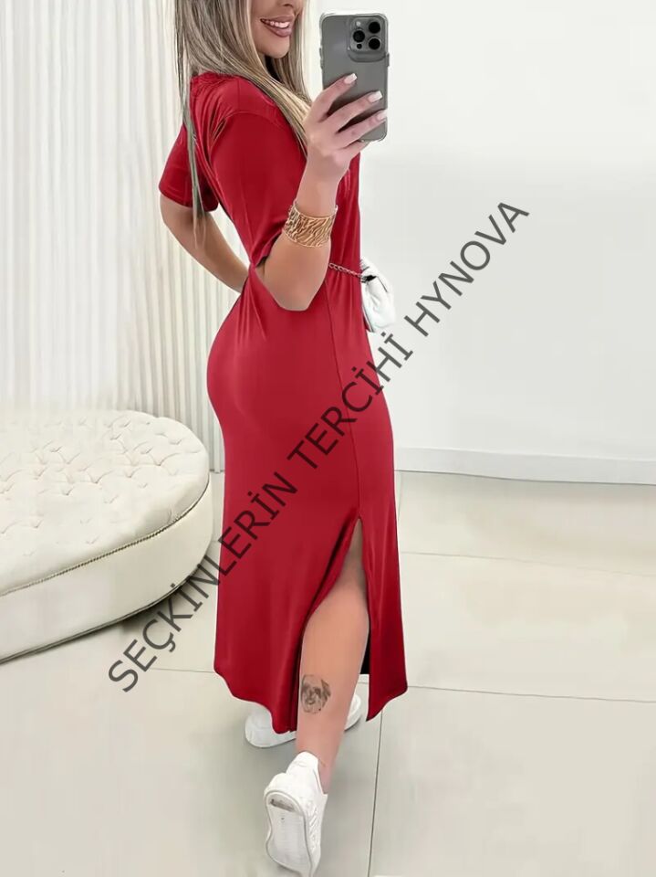 Kadın Kısa Kollu Bisiklet Yaka Yandan Yırtmaçlı Viskon Elbise