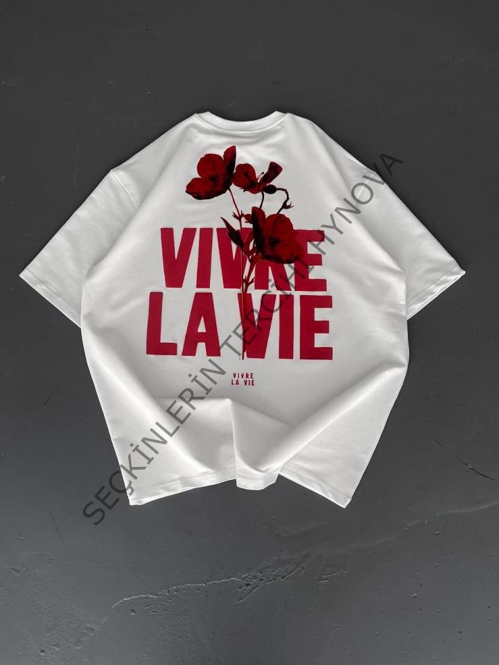 Baskılı Oversize Bisiklet Yaka T-shirt - Beyaz