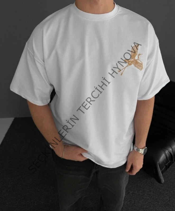 Ön Ve Arka Baskılı Oversize Bisiklet Yaka T-shirt - Beyaz