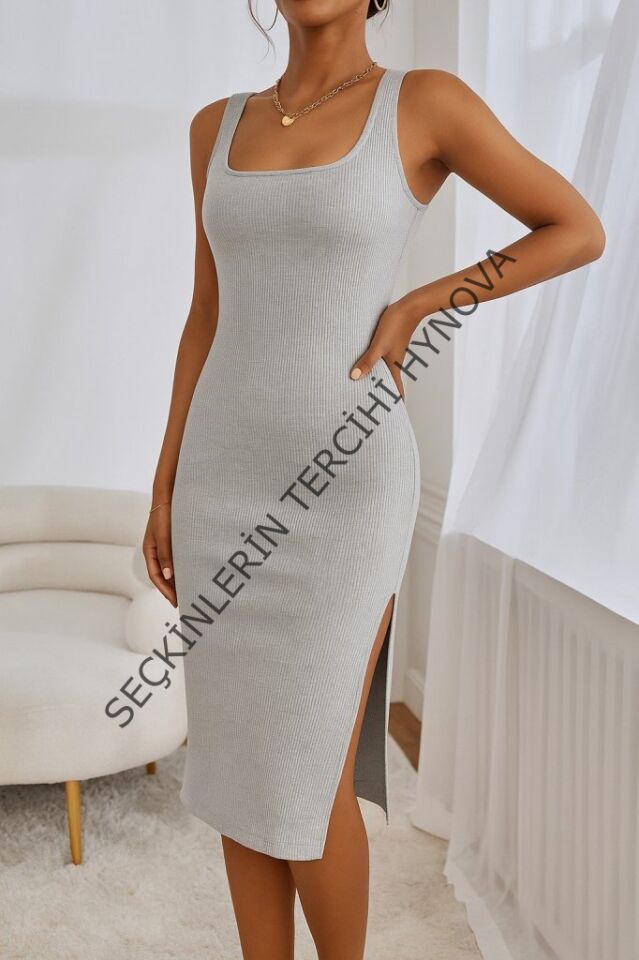 Kadın Askılı Kare Yaka Yandan Yırtmaçlı Midi Kaşkorse Elbise