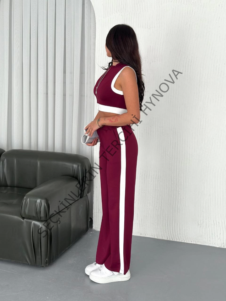Osy Modal Yumuşak Dokulu Kumaş Tam Fermuarlı Crop Pantalon İkili Takım - Bordo