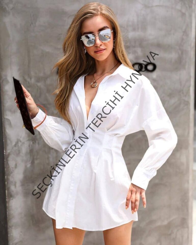 Kadın Pamuk Polyester Kumaş Belden Pileli Gömlek Elbise