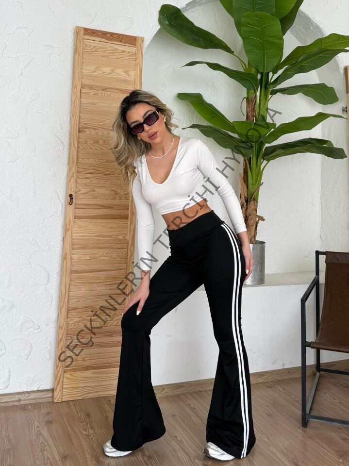 Kadın Yüksek Bel şerit Detaylı Ispanyol Paçalı Dalgıç Pantolon