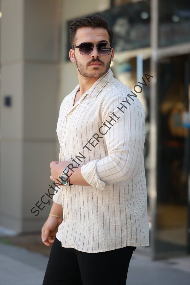 Erkek çizgili Keten Gömlek