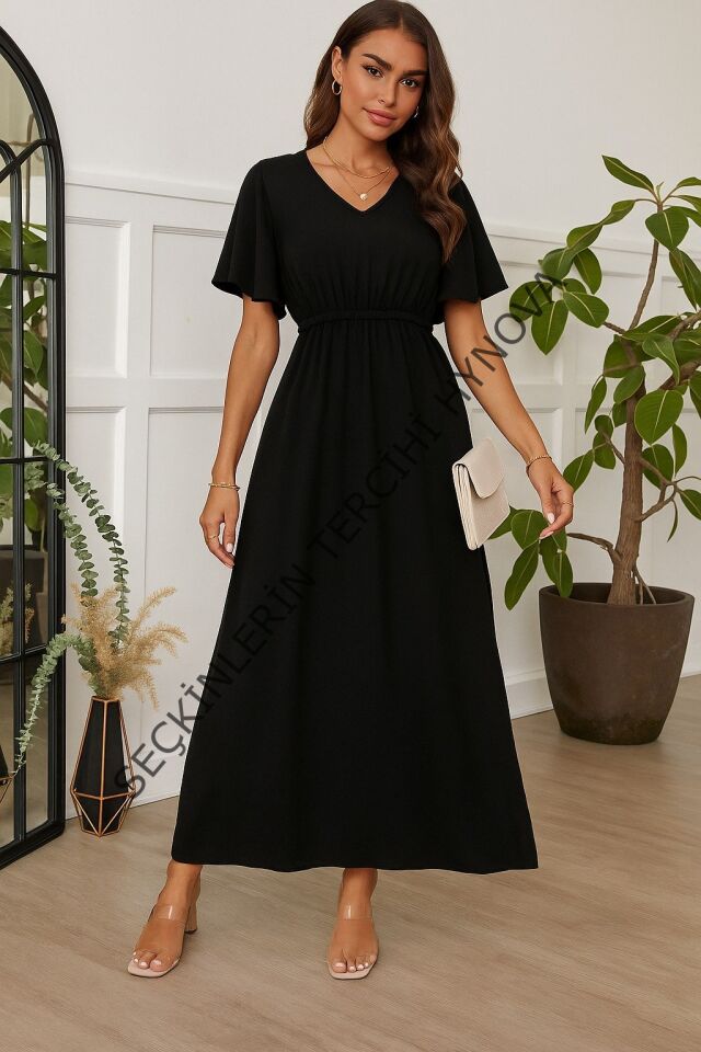 Kadın Kısa Kollu V Yakalı Beli Lastikli Uzun Viskon Elbise
