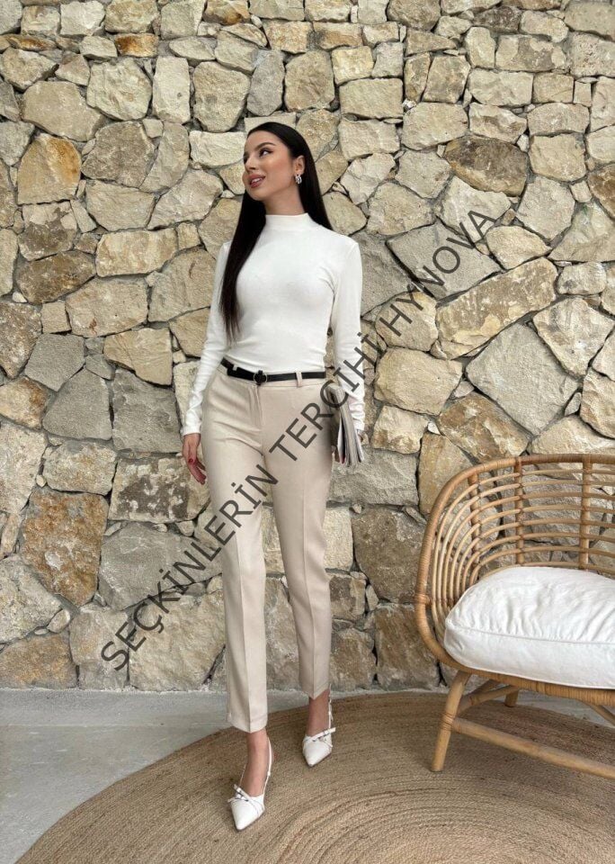 Kadın Yüksek Bel Dar Paça Kemer Dahil Kumaş Pantolon