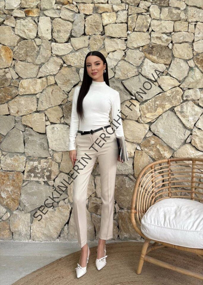 Kadın Yüksek Bel Dar Paça Kemer Dahil Kumaş Pantolon