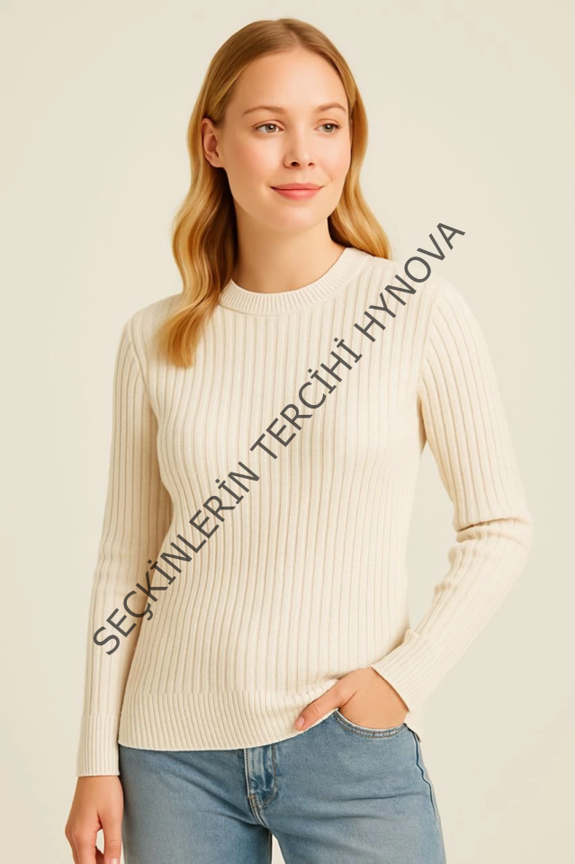 Bisiklet Yuvarlak Yaka Triko Kazak Pamuklu Kalın Fitilli Dokuma, Regular Fit Uzun Kollu Kışlık Model - Bej