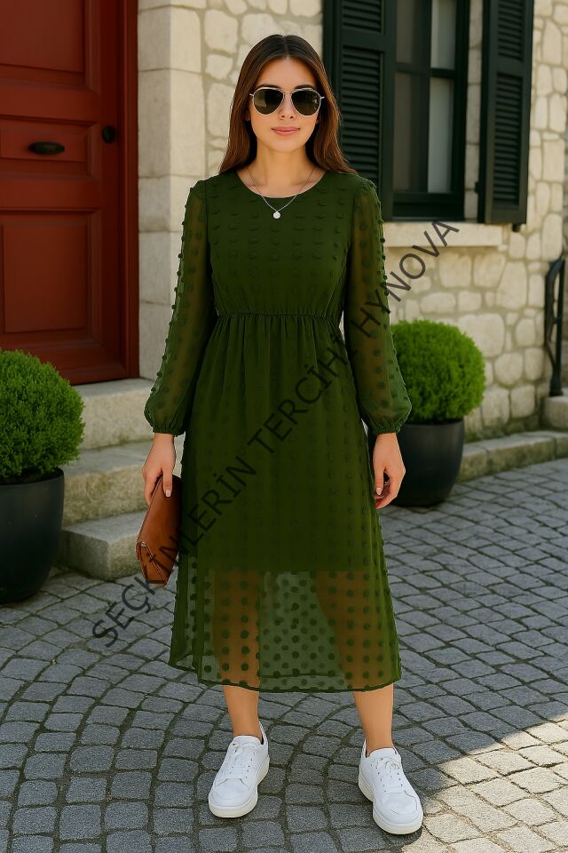 Kadın Uzun Kollu Astar Detay Fırsat ürün Ponpon şifon Elbise