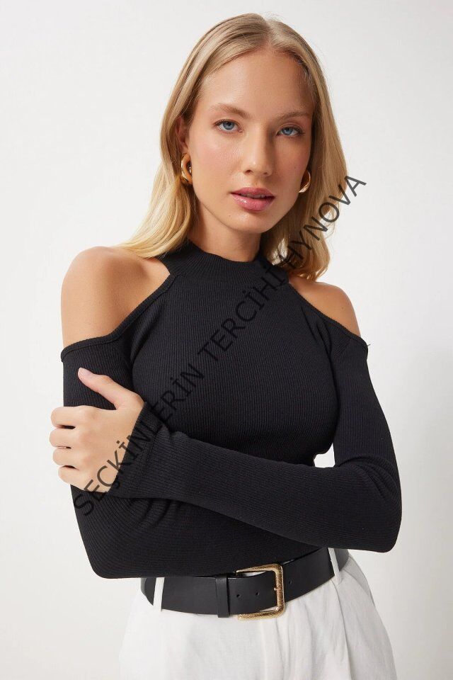 Kadın Uzun Kollu Omuz Dekolteli Kaşkorse Kumaş Bluz