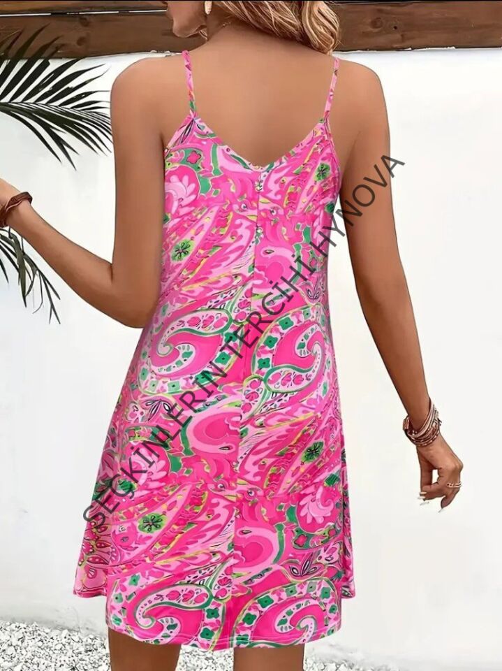 Kadın Ip Askılı V Yakalı Desenli Kısa Süprem Mini Elbise