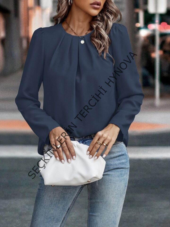 Kadın Uzun Kollu Yuvarlak önden Pileli Ithal Krep Bluz